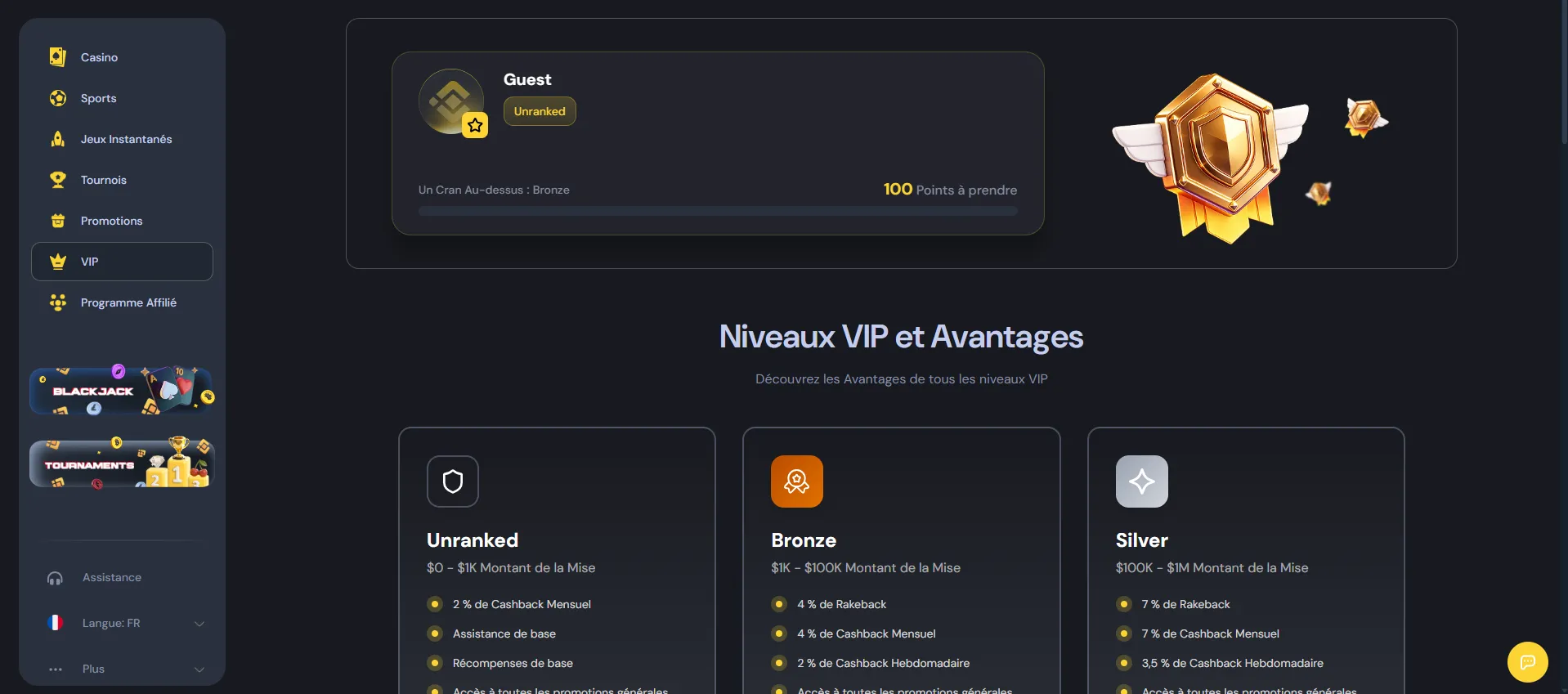 Page des niveaux VIP de Cocobet et leurs avantages