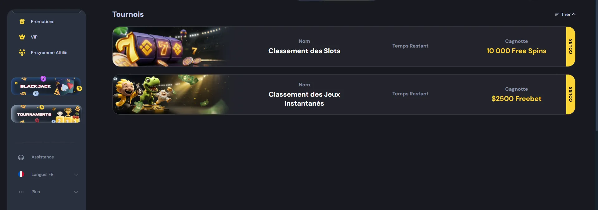Tournois Cocobet : classement des slots et des jeux instantanés